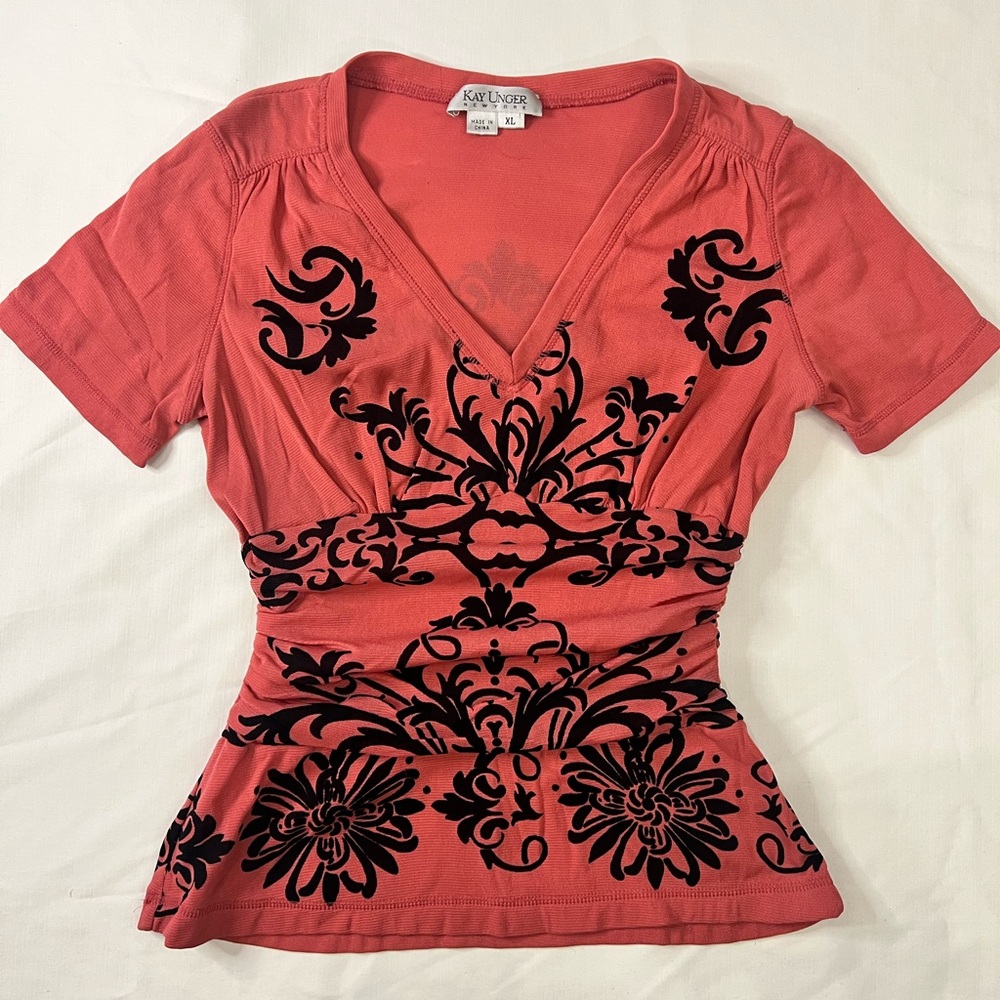 Kay Unger Coral Short Sleeve V-Neck Top with Ruched Waist and Black Damask Print